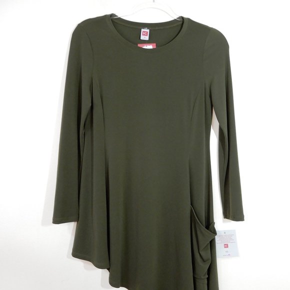 IC Collection Asymmetrical Hem TUNIC Top SZ XS Soft Knit Pocket Olive Green NEW - Picture 5 of 7